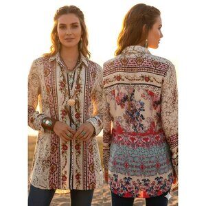 Anthropologie Cyrena Top Large Mixed Floral Print Button High Low Bohemian Chic